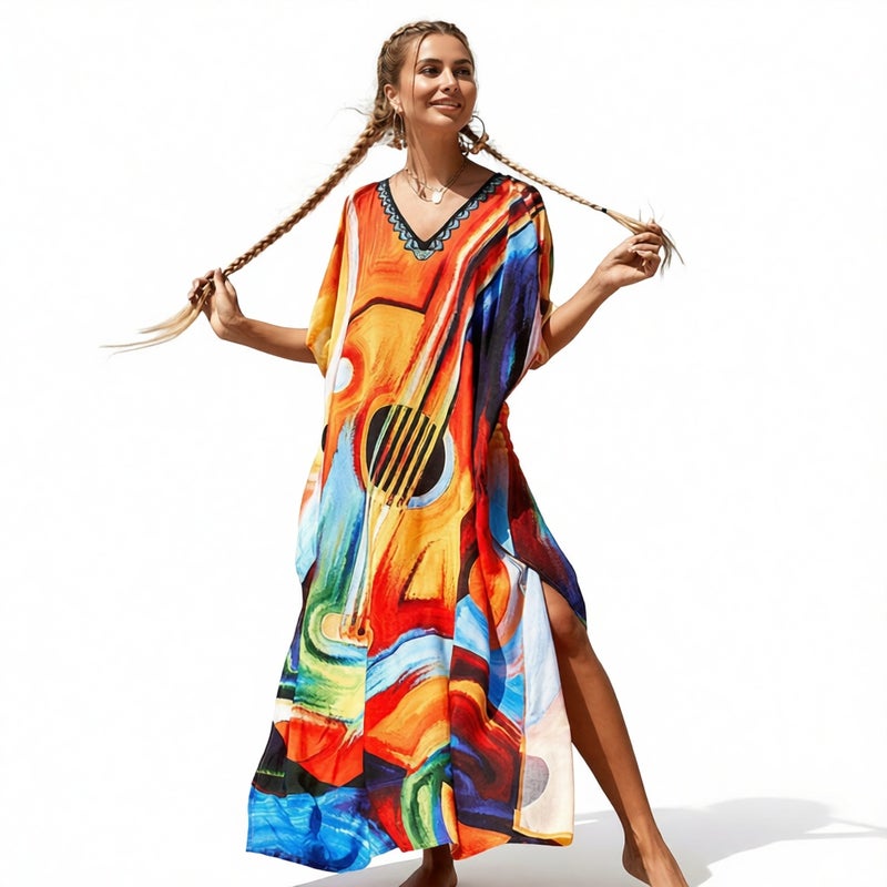 Women's Loose V-Neck Batwing Sleeve Printed Beach Dress - Image 2