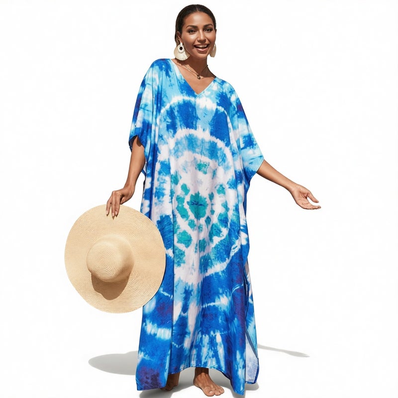 Women's Loose V-Neck Batwing Sleeve Printed Beach Dress - Image 4