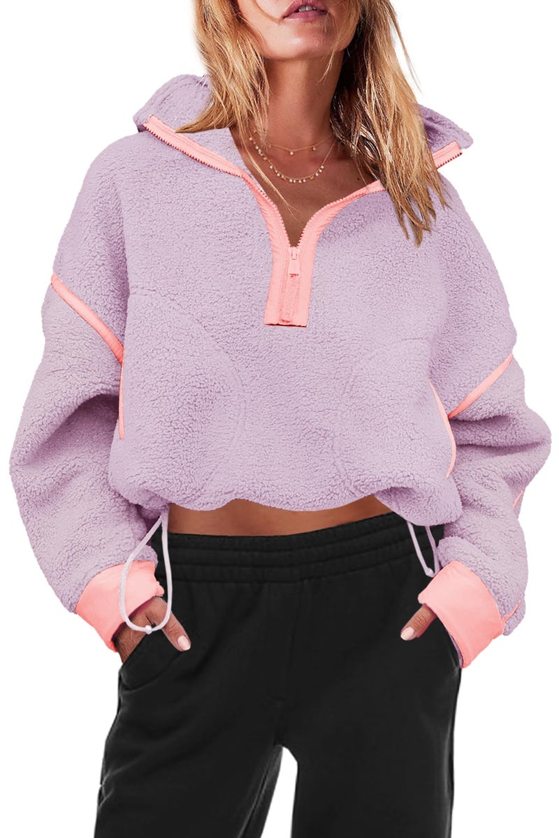 Panadila Womens Quarter Zip Fleece Pullover Sherpa Jacket Oversized Sweatshirt with Pockets Fuzzy Sweater (Taro Purple,S) - Image 2