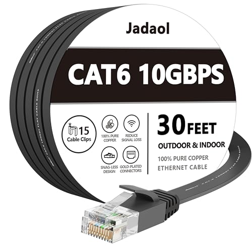 Jadaol Cat 6 Ethernet Cable 30 ft, 10Gbps Support Cat8 Cat7 Network, Flat RJ45 LAN Patch Cable, High-Speed Wired Internet Cable for Router, Modem, Switch, Gaming Consoles, PC, Streaming Devices, Black - Image 1