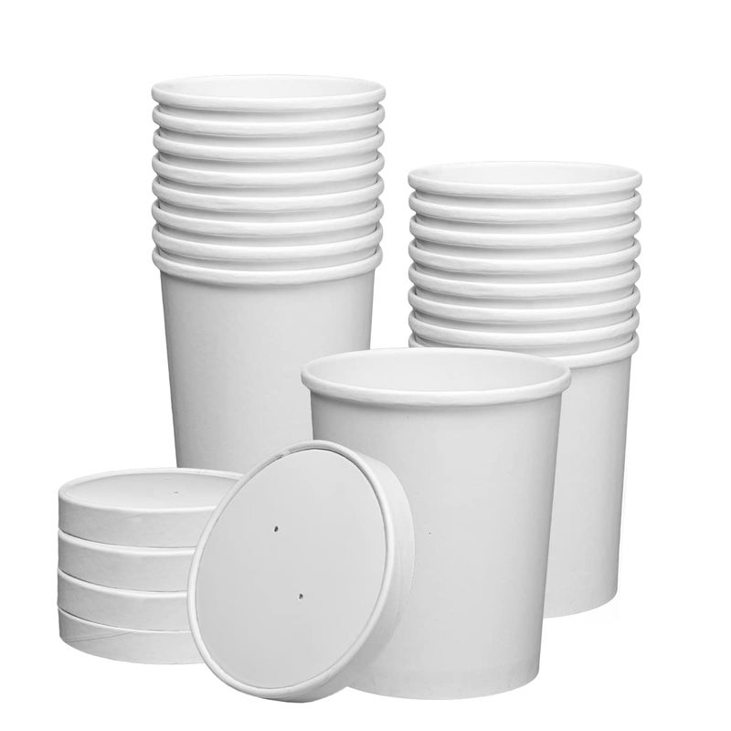 GUSTO 32 oz  25 Count White Paper Food Containers with Vented Lids  To Go Hot Soup Bowls Disposable Ice Cream Cups Ideal for Hot and Cold Foods  Formerly Comfy Package