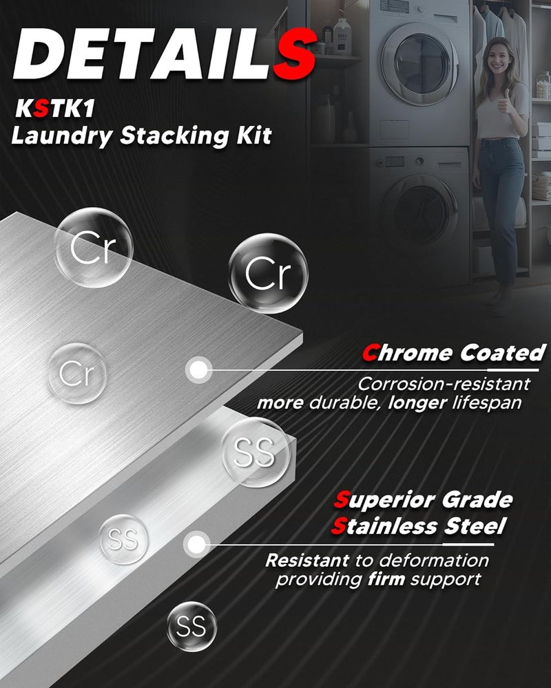 Funmit KSTK1 27-inch Laundry Stacking Kit Replacement for LG Washer & Dryer - Solid Metal with Chrome Coated - Image 4