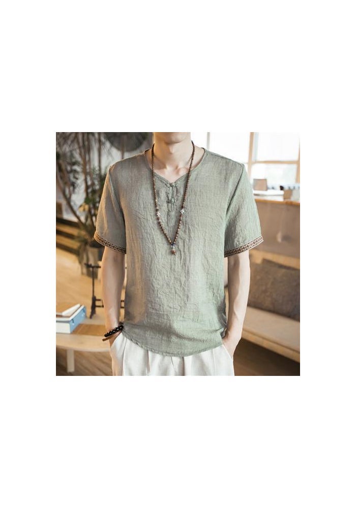 Chinese Style Men's Buckle Linen T-shirt Summer Loose Short-sleeved plus size T-shirt Thin Chinese Style Vintage Cotton and Linen T-shirt - Image 1