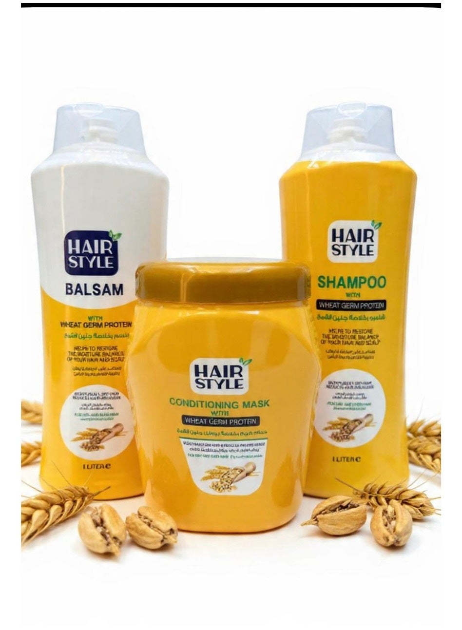 Shampoo with wheat germ extract 1000 ml + Conditioner with wheat germ extract 1000 ml + Conditioning Mask with wheat germ extract 1000 ml.SET