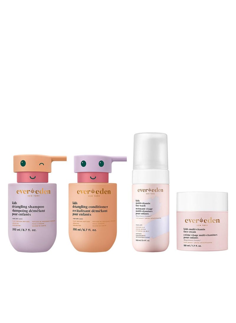 Evereden Evereden Kids Routine Bundle - Detangling Shampoo and Conditioner + Multi-Vitamin Face Wash and Face Cream for Kids 3+ 