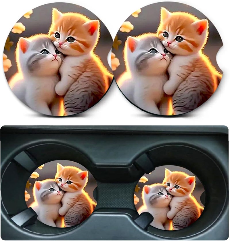 Ldntly Car Coasters for Cup Holders,2 Pack Two Cat Car Coasters,2.75" Universal Size Anti Slip Rubber Mat,Automotive Cup Holder Decal Decor Accessories,Gifts for Cat Lovers for Women,Men,Mom - Image 1