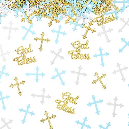 Marspark 300 Pcs Baptism Confetti Glitter Cross God Bless Table Confetti Cross Decorations for Baptism First Communion Baby Shower Birthday Gender Reveal Party SuppliesBlue Gold White - Image 1