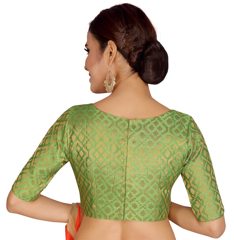Studio Shringaar Women's Readymade Brocade Elbow Length Sleeves Saree Blouse (Green, 48) - Image 2