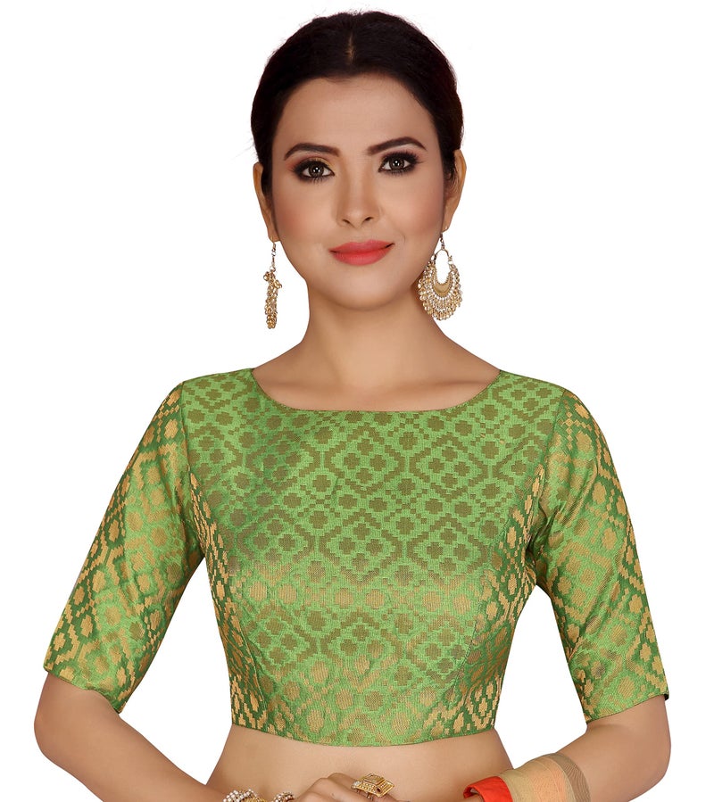 Studio Shringaar Women's Readymade Brocade Elbow Length Sleeves Saree Blouse (Green, 48) - Image 1