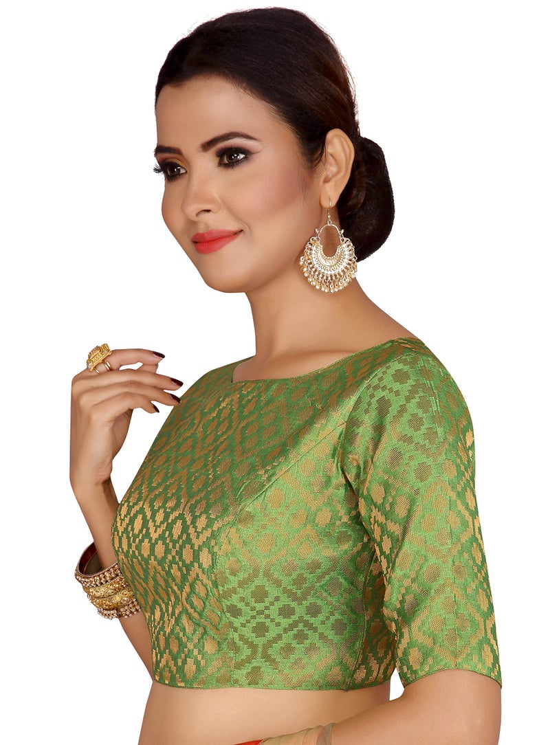 Studio Shringaar Women's Readymade Brocade Elbow Length Sleeves Saree Blouse (Green, 48) - Image 4
