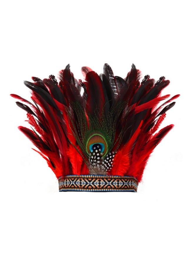 DAZCOS - Peacock Feather Headband Crown Carnival Headpiece Fascinator Headdress 1920S Gatsby Cosplay Headwear (Red 1) - Image 1