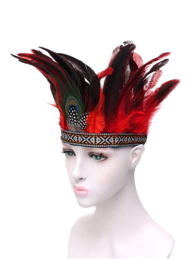 DAZCOS - Peacock Feather Headband Crown Carnival Headpiece Fascinator Headdress 1920S Gatsby Cosplay Headwear (Red 1) - Image 1