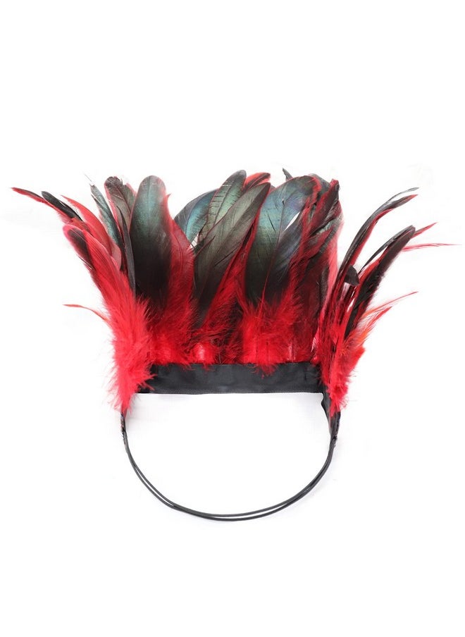DAZCOS - Peacock Feather Headband Crown Carnival Headpiece Fascinator Headdress 1920S Gatsby Cosplay Headwear (Red 1) - Image 1