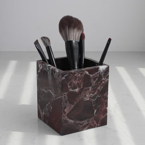 Natust Natural Rosso Levanto Marble Square Storage Container for Toothbrush/Makeup Brush/Pens, Countertop Organizer Bathroom - Image 1