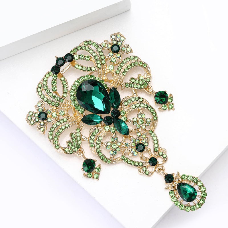 YOQUCOL Retro Green Austrian Crystal Big Brooch Pin for Women Large Flower Shape Brooches Lapel Pins for Sweater,Coat Dress Accessories - Image 4