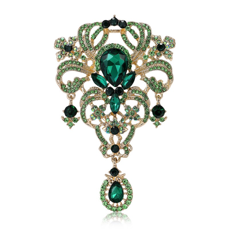 YOQUCOL Retro Green Austrian Crystal Big Brooch Pin for Women Large Flower Shape Brooches Lapel Pins for Sweater,Coat Dress Accessories - Image 1
