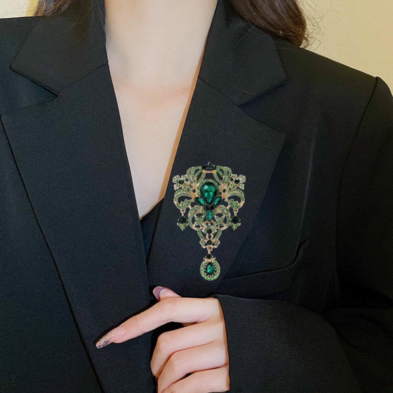 YOQUCOL Retro Green Austrian Crystal Big Brooch Pin for Women Large Flower Shape Brooches Lapel Pins for Sweater,Coat Dress Accessories - Image 3