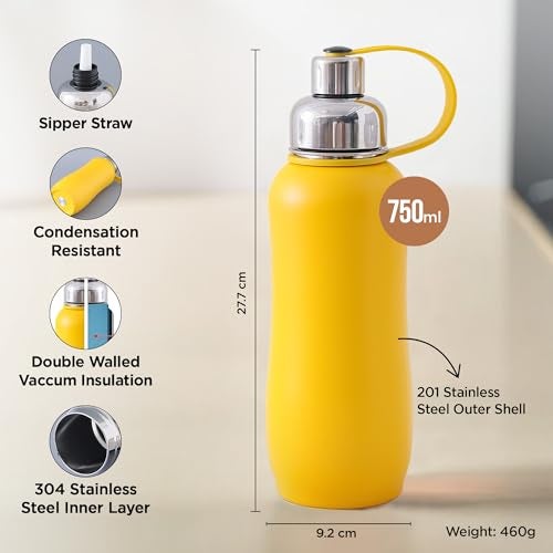 UMAI 750ml Insulated Thermosteel Bottle | Hot And Cold Water Bottle for Office, Gym, School | Leakproof | Vacuum Insulated Water Bottles | Easy Carry Flask for Kids/Adults | Yellow - Image 3