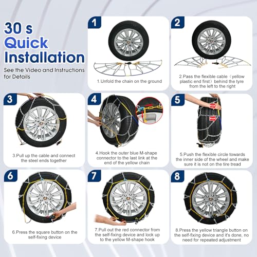 HAPPYMATE Auto-Fixing Snow Chains, 30s Quick Fit Easy Installation Tire-Chains, Portable Reusable High Carbon Steel Anti Slip Tire Chain for Passenger Car, Pickup Trucks and SUV - Set of 2 - Image 5
