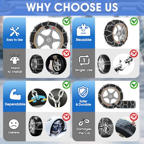 HAPPYMATE Auto-Fixing Snow Chains, 30s Quick Fit Easy Installation Tire-Chains, Portable Reusable High Carbon Steel Anti Slip Tire Chain for Passenger Car, Pickup Trucks and SUV - Set of 2 - Image 3