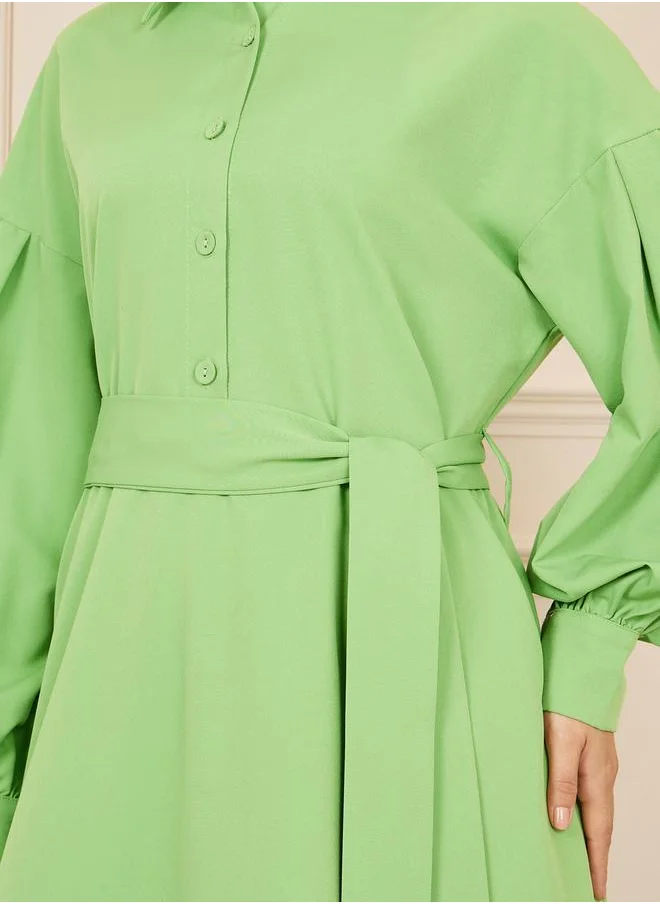 Styli Front Button Closure Collared A-Line Maxi Dress with Self Tie Up