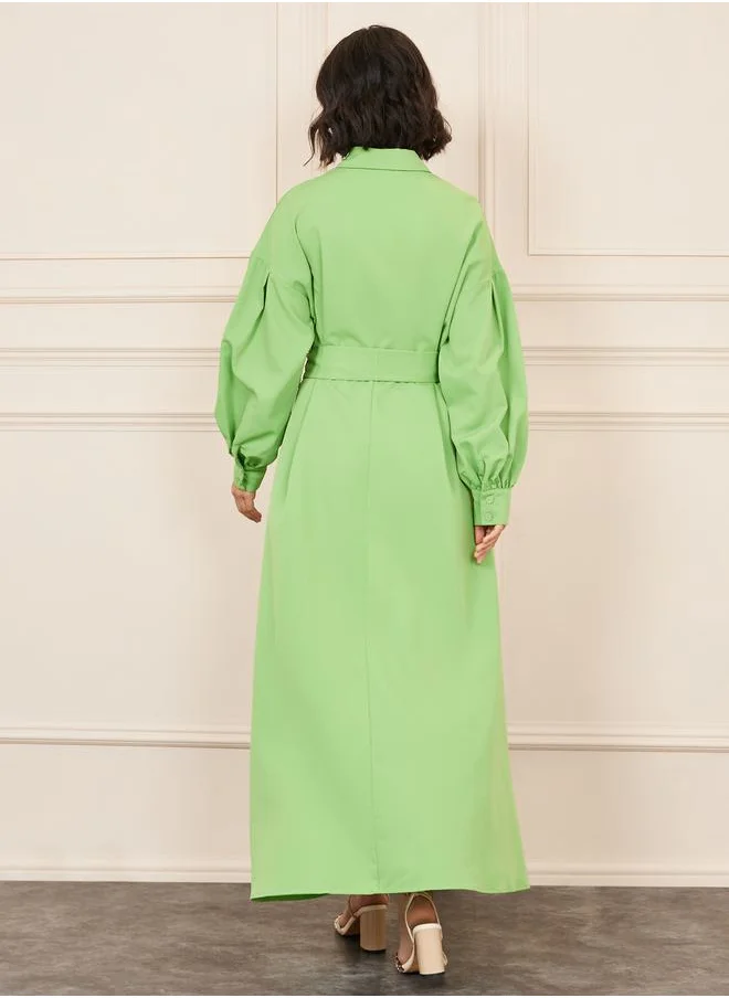 Styli Front Button Closure Collared A-Line Maxi Dress with Self Tie Up