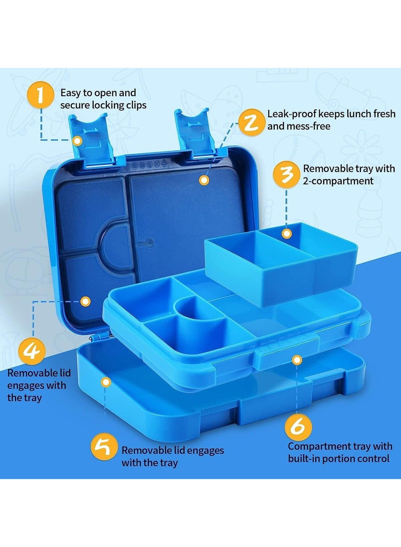 TOMSHOO صناديق بنتو للأطفال والرضع للمدرسة، صندوق غداء بنتو سعة 710 مل مع 6 أقسام - أحجام مثالية للوجبات للأطفال من 3 إلى 7 سنوات، وجبات محددة الكمية للمراهقين والبالغين، خالية من BPA، آمنة في غسالة الصحون - زرقاء - Image 3