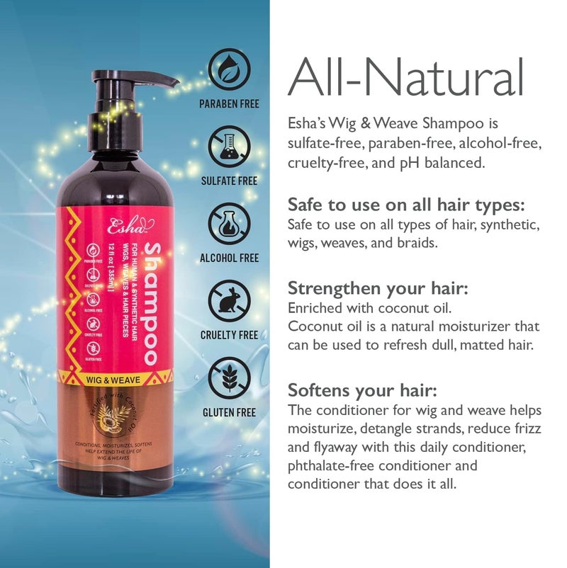 Esha Wig & Weave Revitalizing Shampoo â€“ Human Hair & Synthetic Wigs, Weaves, Extensions & Braids I Coconut Oil Infused, Sulfate-Free I Restores Moisture & Shine, 4 fl oz - Image 4