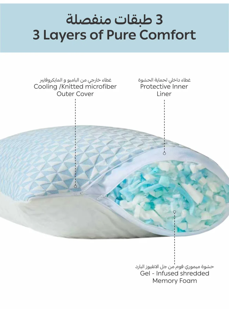 Donetella White/blue 1-Pcs Double-Sided Shredded Memory Foam Bed Pillow (1400g + 200g) Extra Filling – Size 50x75 cm, Gel-Infused Cooling, Adjustable Loft, Pressure Relief, Hypoallergenic, Washable Cover  | Best Price UAE