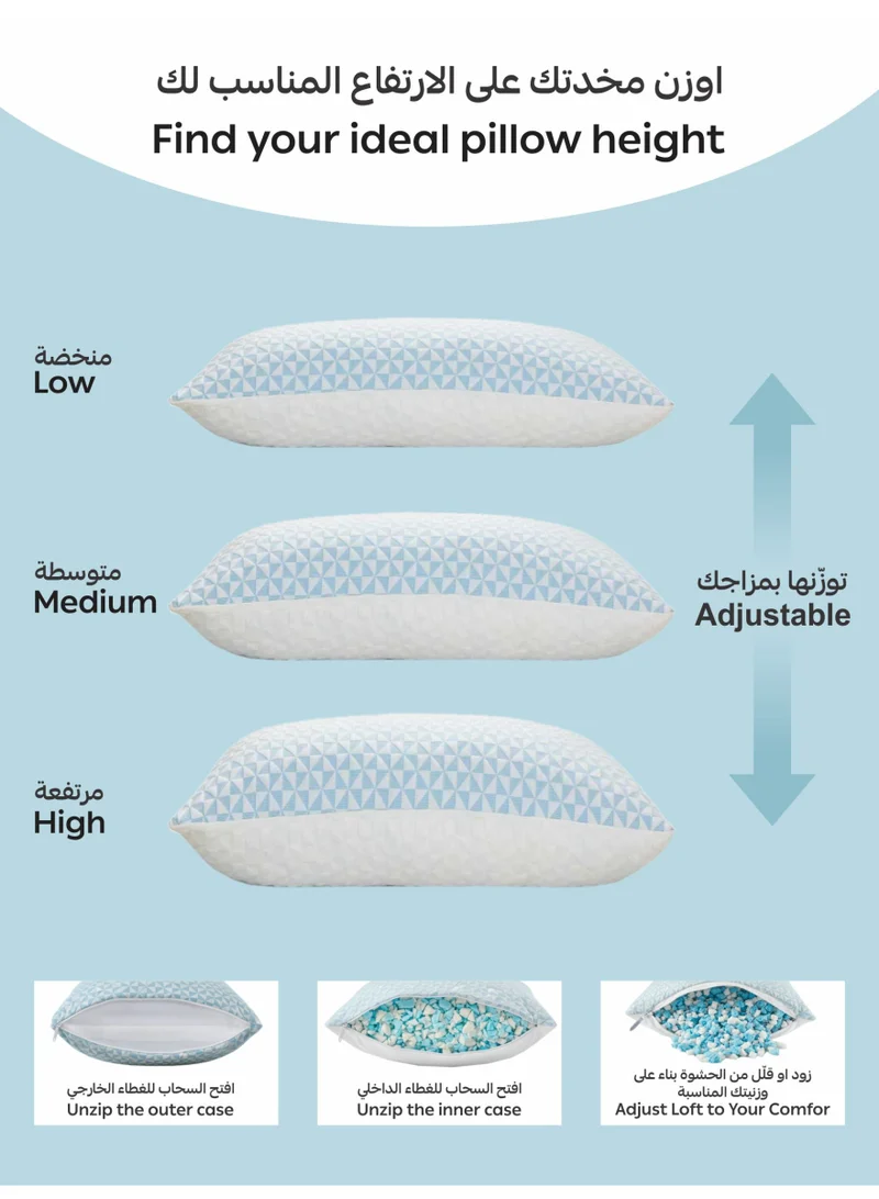 Donetella White/blue 1-Pcs Double-Sided Shredded Memory Foam Bed Pillow (1400g + 200g) Extra Filling – Size 50x75 cm, Gel-Infused Cooling, Adjustable Loft, Pressure Relief, Hypoallergenic, Washable Cover  | Best Price UAE