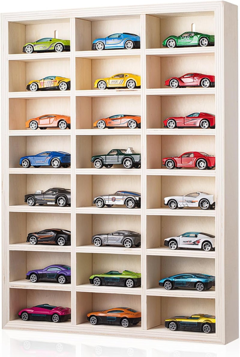 Threehoney 24 Space Toy Cars Wheels Display Case 1: 64 Scale Model Cars Display Shelf Wooden Wall Mounted Die Cast Car Storage Rack for Gift Collectibles Toy Figurines Tiny Dolls Cabinet - Image 1