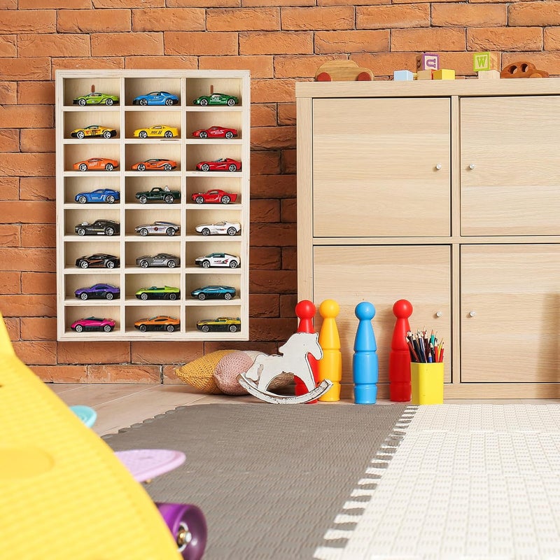 Threehoney 24 Space Toy Cars Wheels Display Case 1: 64 Scale Model Cars Display Shelf Wooden Wall Mounted Die Cast Car Storage Rack for Gift Collectibles Toy Figurines Tiny Dolls Cabinet - Image 5