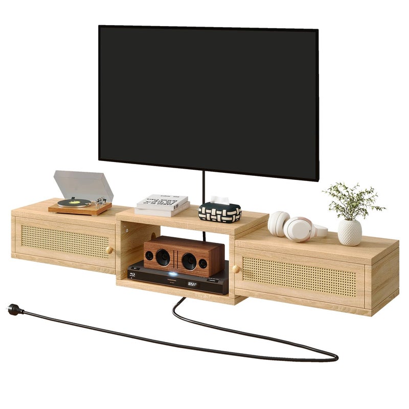 IBUYKE Modern Rattan Floating TV Stand with Doors,Wall Mounted TV Shelf for TVs up to 55 Inches,Media Console Entertainment Center for Under TV Storage Cabinet for Living Room Bedroom,Natural UWST012N - Image 1