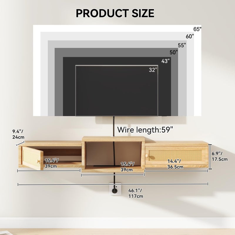 IBUYKE Modern Rattan Floating TV Stand with Doors,Wall Mounted TV Shelf for TVs up to 55 Inches,Media Console Entertainment Center for Under TV Storage Cabinet for Living Room Bedroom,Natural UWST012N - Image 3