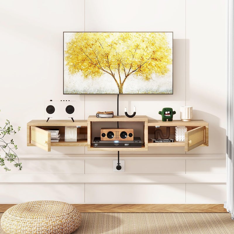 IBUYKE Modern Rattan Floating TV Stand with Doors,Wall Mounted TV Shelf for TVs up to 55 Inches,Media Console Entertainment Center for Under TV Storage Cabinet for Living Room Bedroom,Natural UWST012N - Image 5