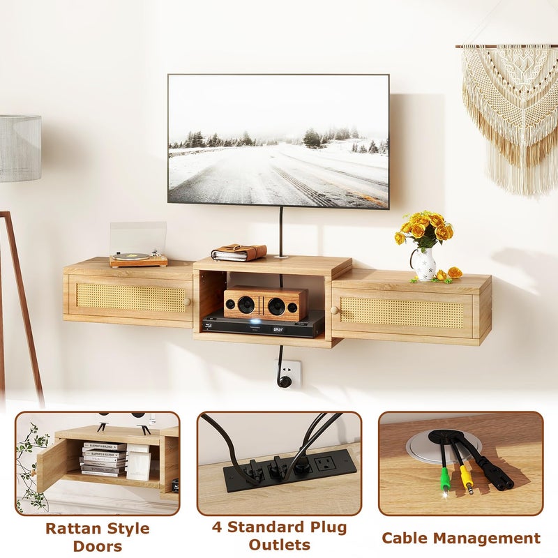 IBUYKE Modern Rattan Floating TV Stand with Doors,Wall Mounted TV Shelf for TVs up to 55 Inches,Media Console Entertainment Center for Under TV Storage Cabinet for Living Room Bedroom,Natural UWST012N - Image 4