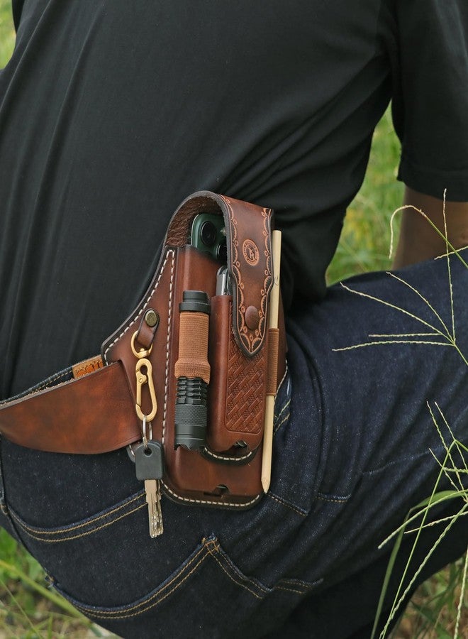 TOURBN Tourbon Leather Cell Phone Holster Pouch Case Tool Multitool Sheath Flashlight Slot Holder & Keychain Clip with Magnetic Closure for Belt - Image 2