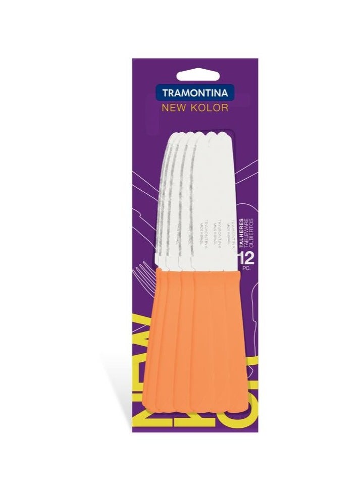 TRAMONTINA Since 1911,Made in Brazil- New Kolor 12 Pieces Table Knife Set with Stainless Steel Blade and Orange Polypropylene Handle 