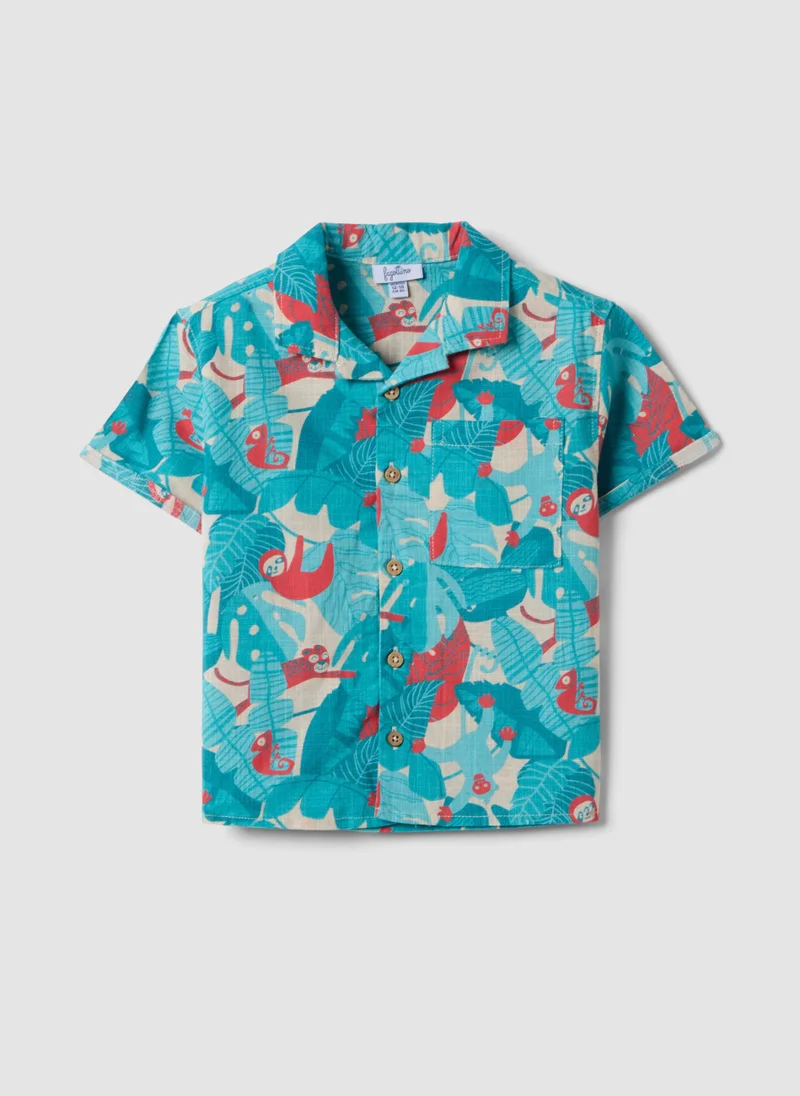 او في اس OVS Blue Pure Cotton Shirt With Tropical Print