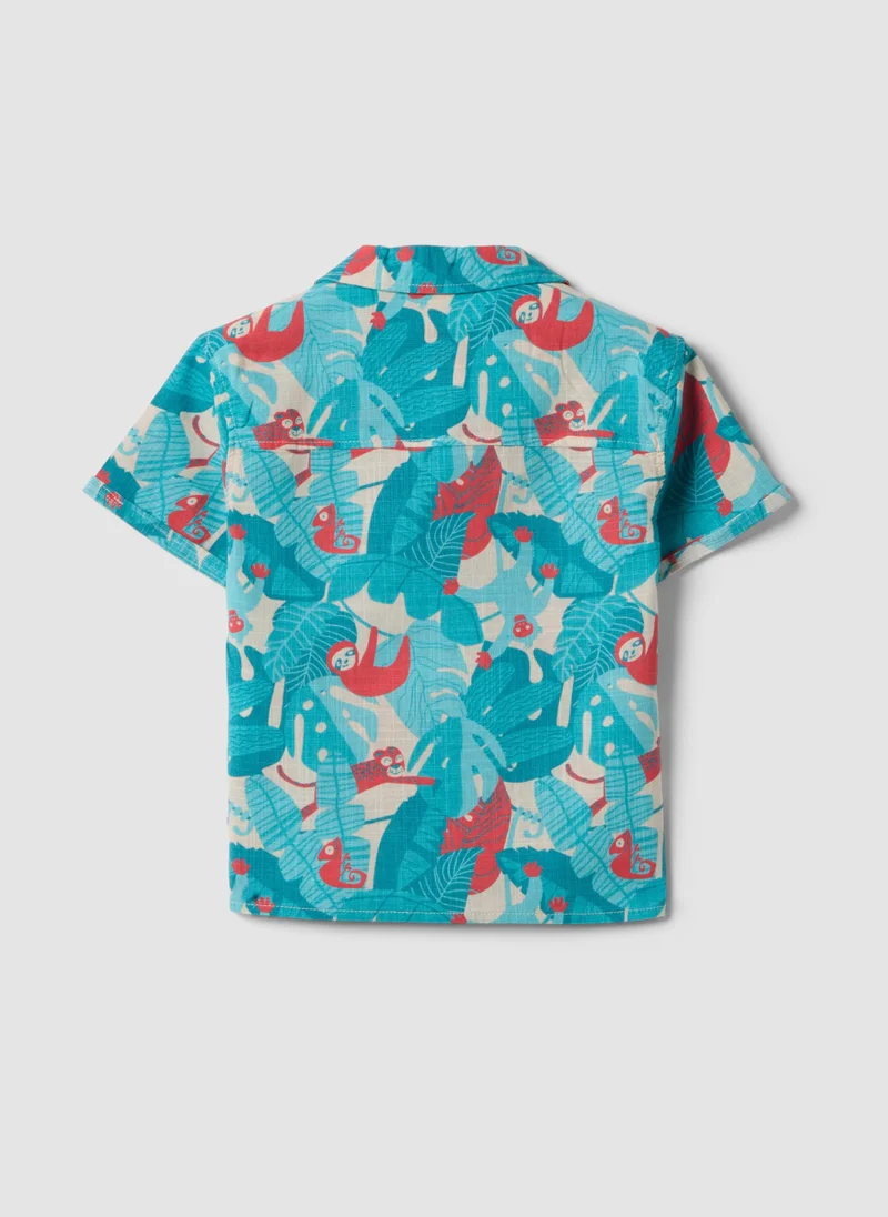 او في اس OVS Blue Pure Cotton Shirt With Tropical Print
