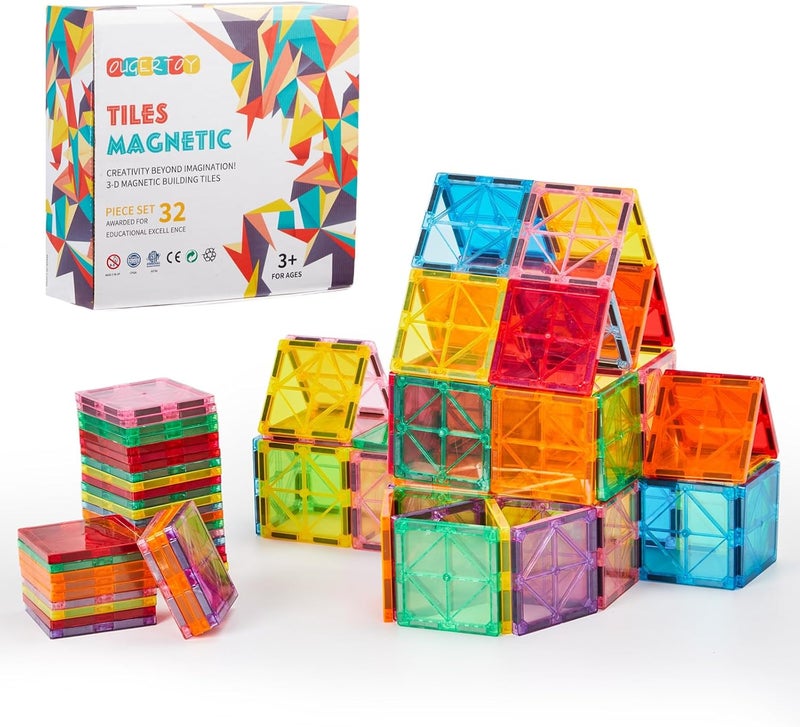 32-Pack Magnetic Tiles–Rainbow Builder Set, 2.95in STEM Construction Kit with Transparent Windows, Expand Creative Play for Kids - Image 1