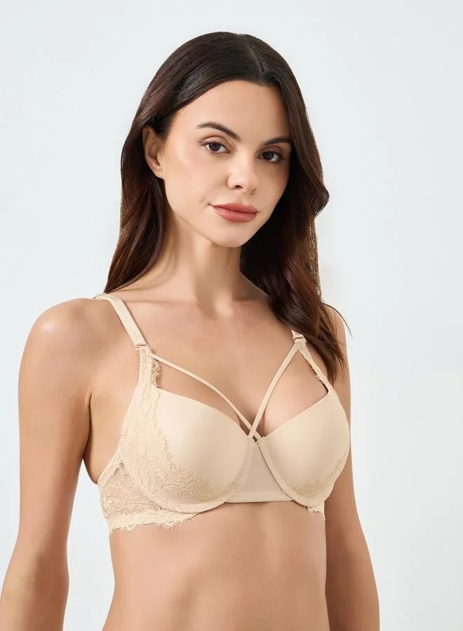 Take Two Solid Thin Strap Detail Padded Wired Bra and Lace Brief Set