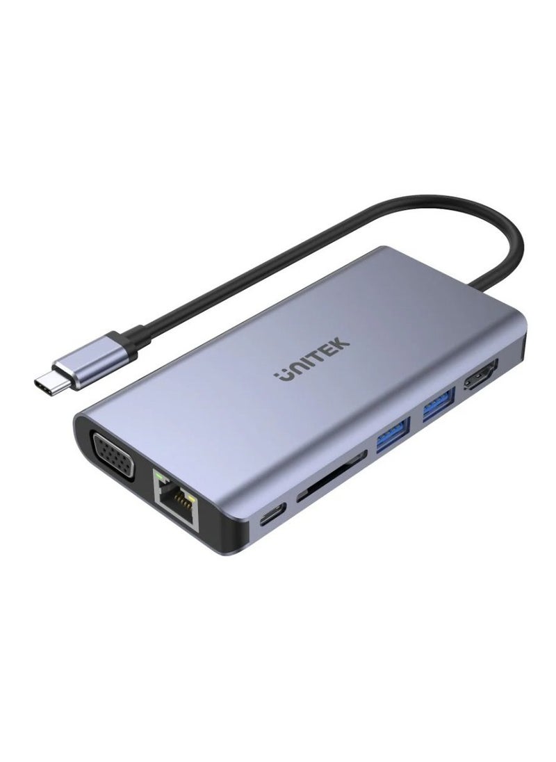 UNITEK - UNITEK uHUB O8+ 8-in-1 USB-C Hub with Dual Monitor Support, 100W Power Delivery, Gigabit Ethernet & Multi-Card Reader – Ultimate Productivity Hub for MacBook, Laptop & Tablets - Image 1