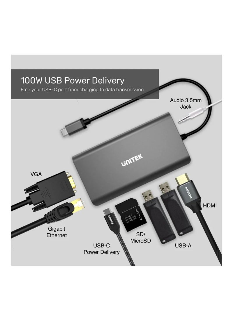 UNITEK - UNITEK uHUB O8+ 8-in-1 USB-C Hub with Dual Monitor Support, 100W Power Delivery, Gigabit Ethernet & Multi-Card Reader – Ultimate Productivity Hub for MacBook, Laptop & Tablets - Image 1