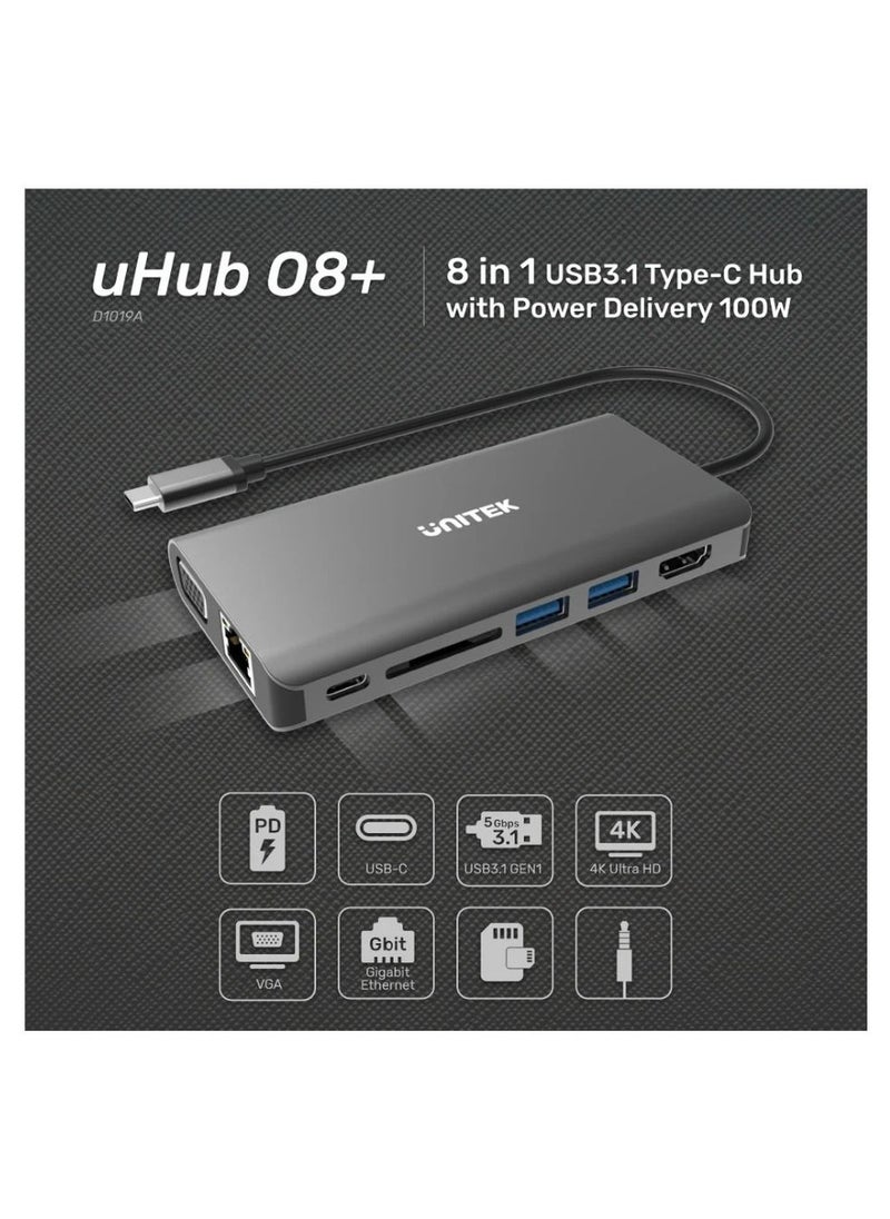 UNITEK - UNITEK uHUB O8+ 8-in-1 USB-C Hub with Dual Monitor Support, 100W Power Delivery, Gigabit Ethernet & Multi-Card Reader – Ultimate Productivity Hub for MacBook, Laptop & Tablets - Image 1
