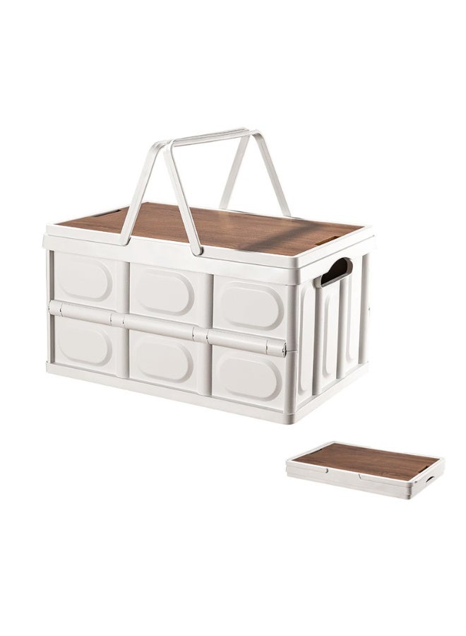 Collapsible Storage Bin with Handles and Wooden Lid, Large Capacity Stackable Utility Crates Holds 33lbs for Outdoor Home Storage Organizing Moving (30L/7.9Gal) - Image 1