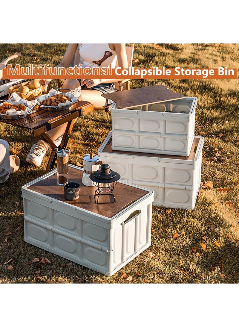 Collapsible Storage Bin with Handles and Wooden Lid, Large Capacity Stackable Utility Crates Holds 33lbs for Outdoor Home Storage Organizing Moving (30L/7.9Gal) - Image 2