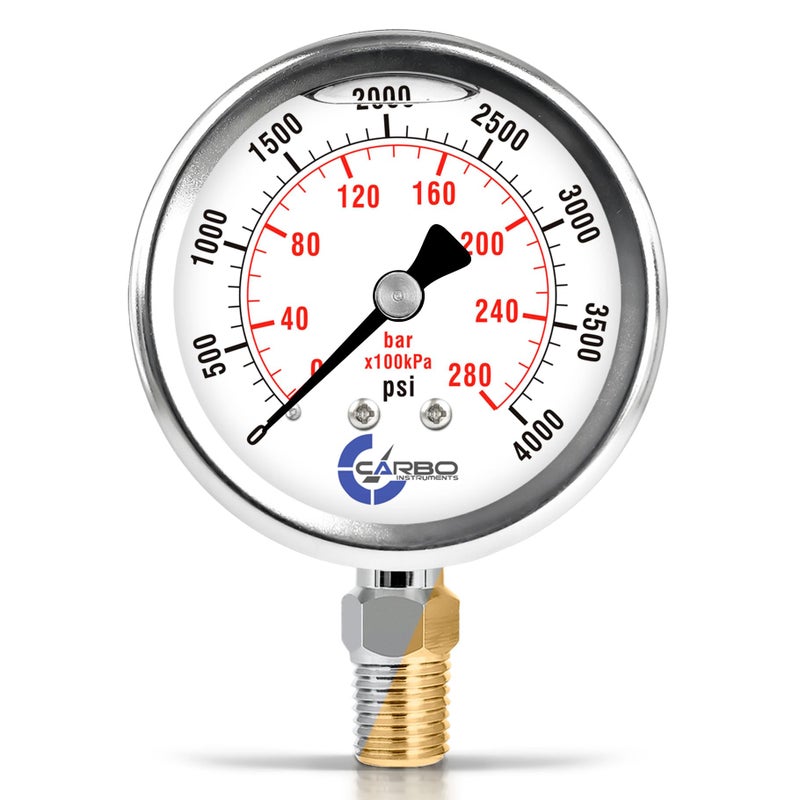 CARBO Instruments Stainless Steel Pressure Gauge Dual Display (0-4000 psi/kPa) - 2 1-2" Glycerine Liquid Filled Water Air Oil Gas Gauge with Polycarbonate Lens & Brass Connection- 1/4" NPT Lower Mount - Image 1