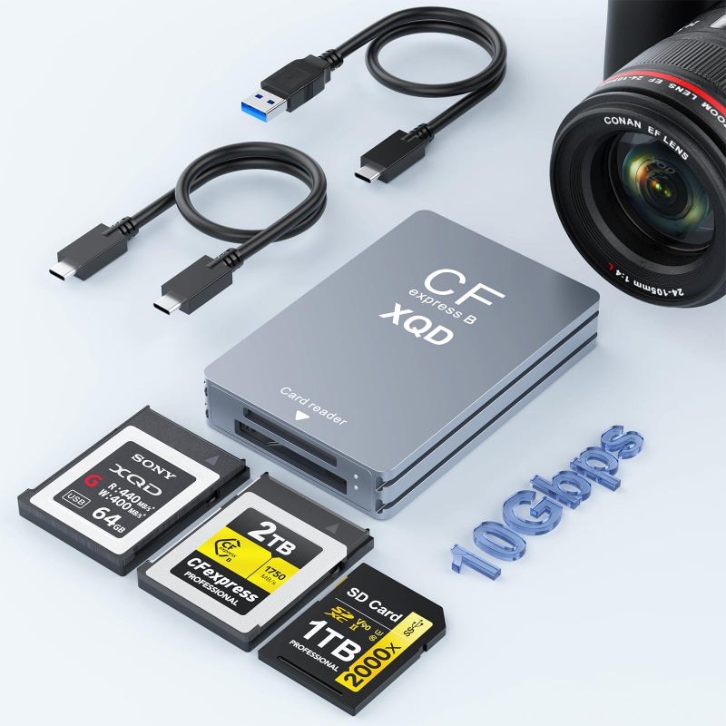 Rocketek CFexpress Type B/XQD/SD Card Reader, Aluminum Dual-Slot USB 3.2 (Gen 2) 10Gbps CF Express Card Adapter with USBC to USBC-A/C Cable,CFexpress Type B Card Memory Reader for Windows/Mac/Android/Linux - Image 1