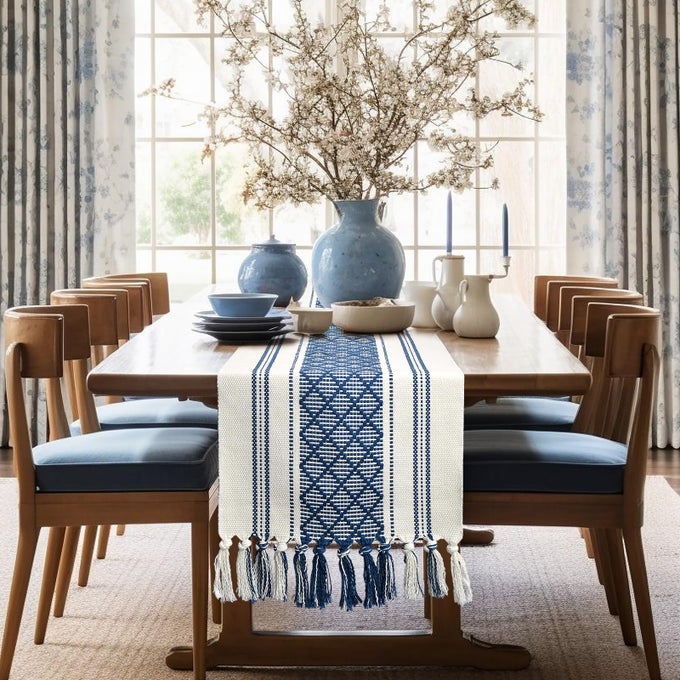 BLUE AND WHITE TABLE RUNNER FARMHOUSE STYLE COASTAL BOHO WOVEN TABLE RUNNER 72 INCHES LONG WITH TASSELS DRESSER RUNNER COVER TOP FOR COFFEE TABLE KITCHEN BEDROOM FALL TABLE DECOR